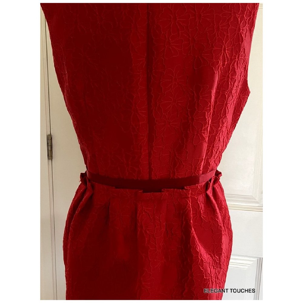 Carolina Herrera Red Bow Sleeveless Cocktail Dress 12 Ribbon Waist Floral Satin - Picture 7 of 14